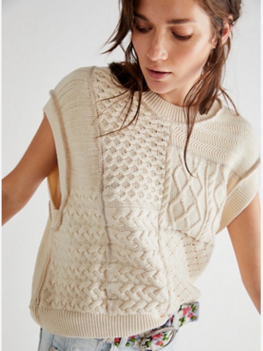 Free People Take The Plunge Crochet Sweater Vest Tea Ivory Cable Knit Size XS
